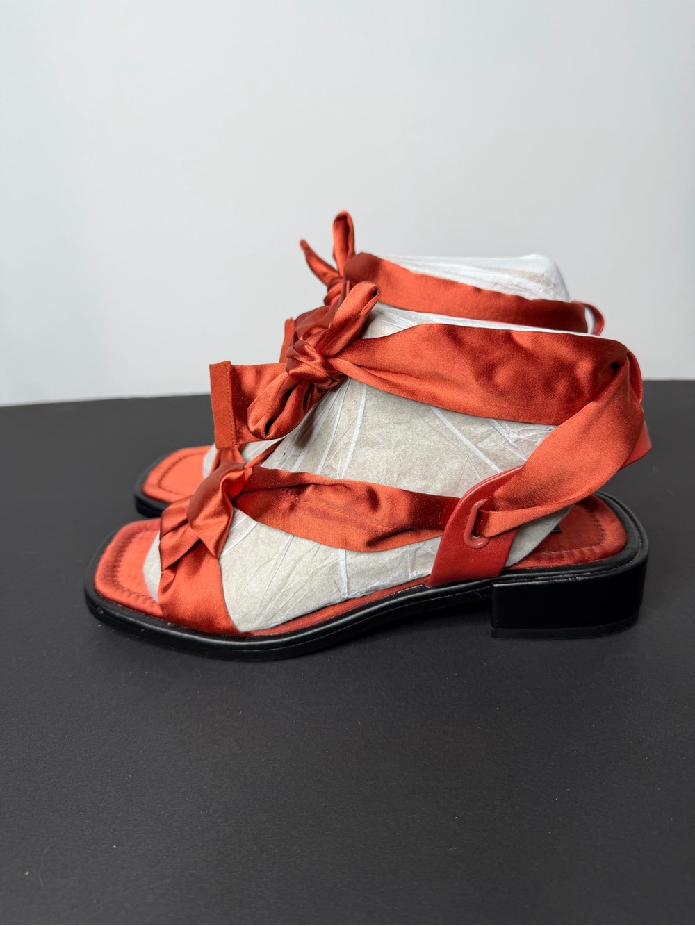 Zara Satin Wrap Sandals in Rust Orange